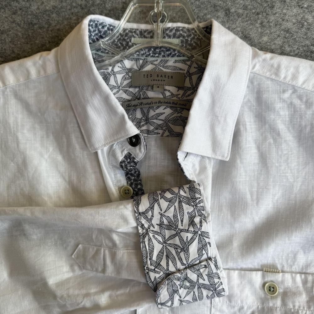 Ted Baker Mens Large Button Up Long Sleeve Linen Blend White Contrast Trim
